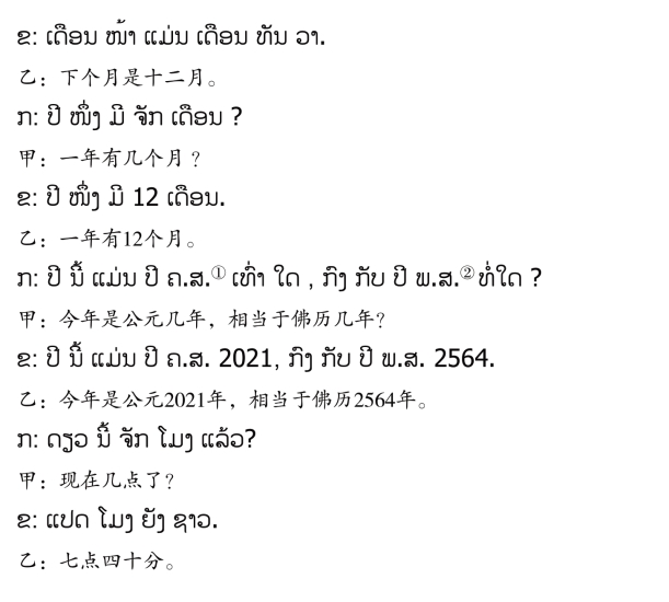 pagenumber_ebook=85,pagenumber_book=78 ( ຄ.ສ. 是 ຄິດີຕູ້ະສັກກະຫຼາດີ (ຄິດີສັງກາດີ) 的缩写,意为“公历”。 (2) ພ.ສ. 是 ພຸດີທ່ະສັກກະຫຼາດີ (ພຸດີສັງກາດີ) 的缩写,意为“佛历”。佛历年=公历年+543。